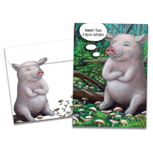 The cover of Tree-Free's Pig in Shitakes card, along with its matching envelope.