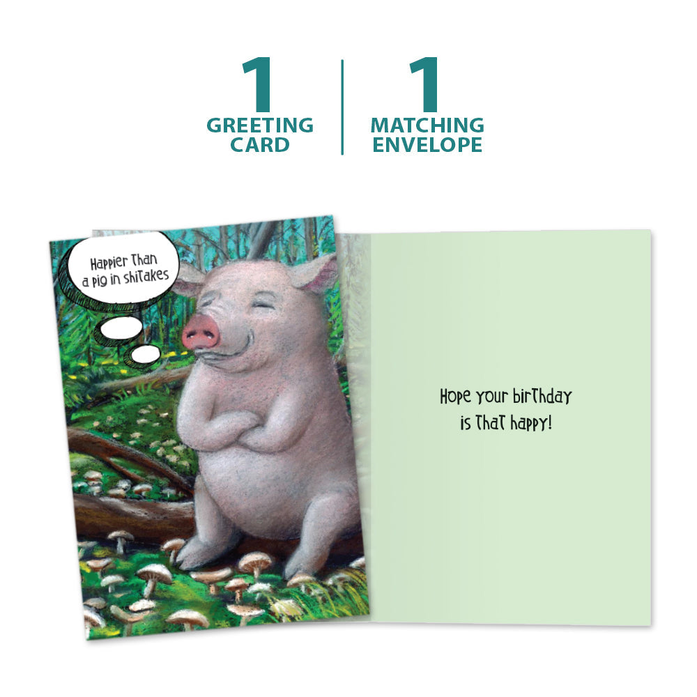 The cover and inside of Tree-Free’s Pig in Shitakes card, along with the following text: “1 greeting card, 1 matching envelope”