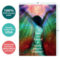 Load image into Gallery viewer, The cover of Tree-Free’s Miracles Happen card with lines demonstrating its 5x7 dimensions, along with the following text: “100% PCW recycled paper, proudly made in the USA, sustainably printed on extra-thick card stock”
