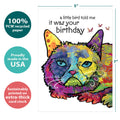 Load image into Gallery viewer, The cover of Tree-Free’s Happy Bird Day card with lines demonstrating its 5x7 dimensions, along with the following text: “100% PCW recycled paper, proudly made in the USA, sustainably printed on extra-thick card stock”
