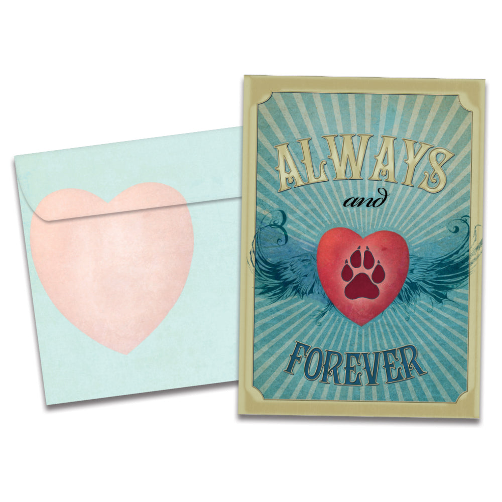 Cover of Friends Forever Pet Sympathy card (featuring script and serif text above and below artwork of a heart with a pawprint on it and a set of wings behind it) and its matching envelope