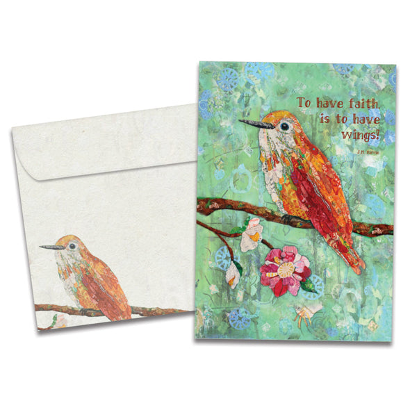 The cover of Tree-Free's Rufous Hummingbird card, along with its matching envelope.