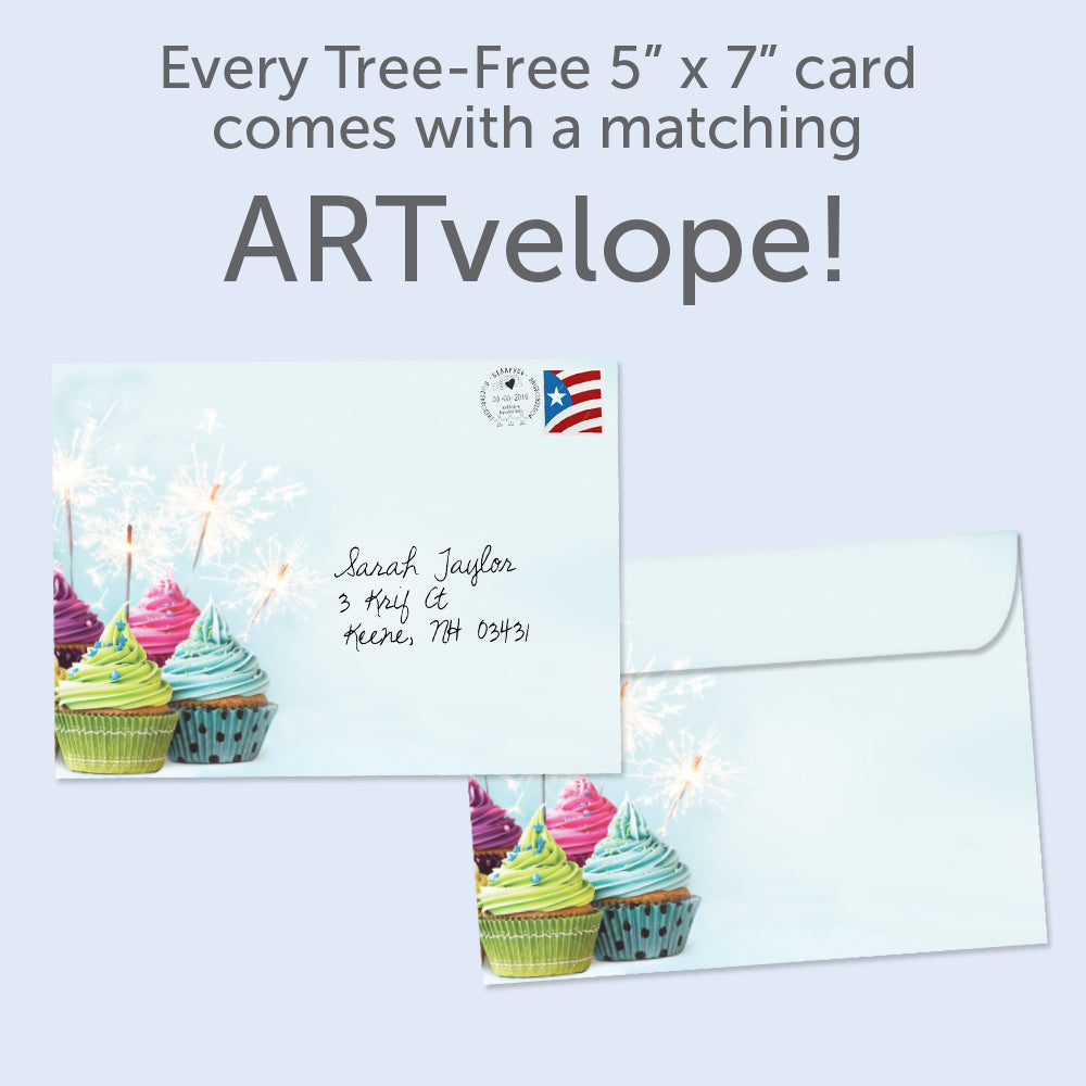 The envelope for Tree-Free’s Extra Sparkly card, along with the following text: “Every Tree-Free 5x7 card comes with a matching ARTvelope!”