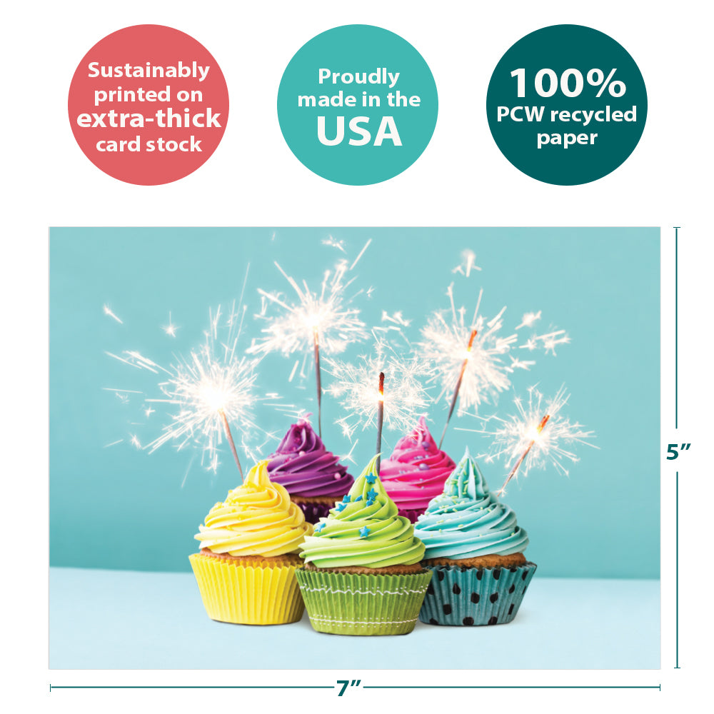 The cover of Tree-Free’s Extra Sparkly card with lines demonstrating its 5x7 dimensions, along with the following text: “100% PCW recycled paper, proudly made in the USA, sustainably printed on extra-thick card stock”