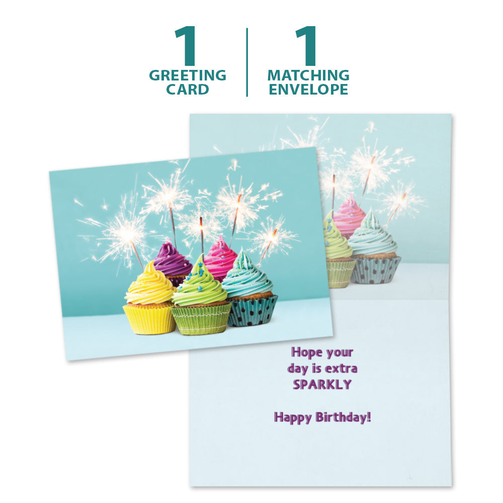 The cover and inside of Tree-Free’s Extra Sparkly card, along with the following text: “1 greeting card, 1 matching envelope”