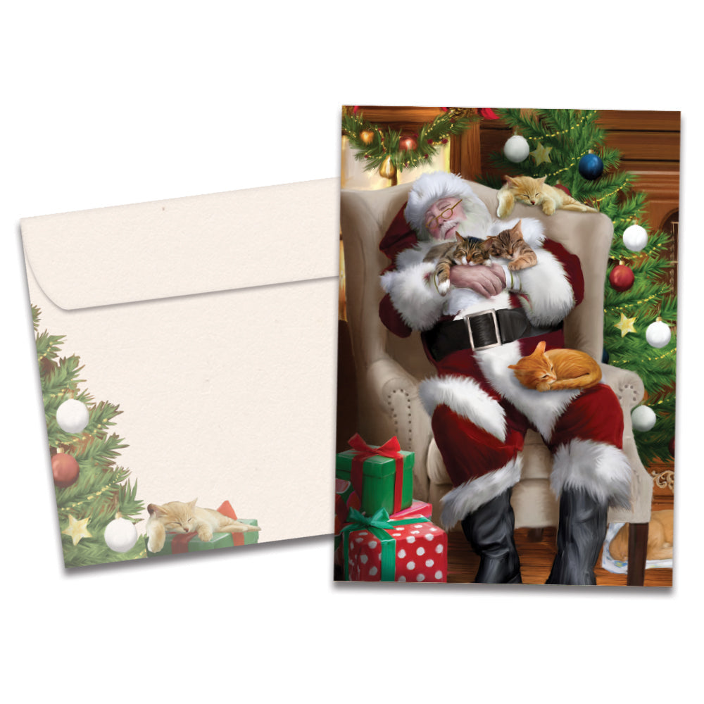 The cover of Tree-Free's Cat Nap Santa Christmas Card card, along with its matching envelope.