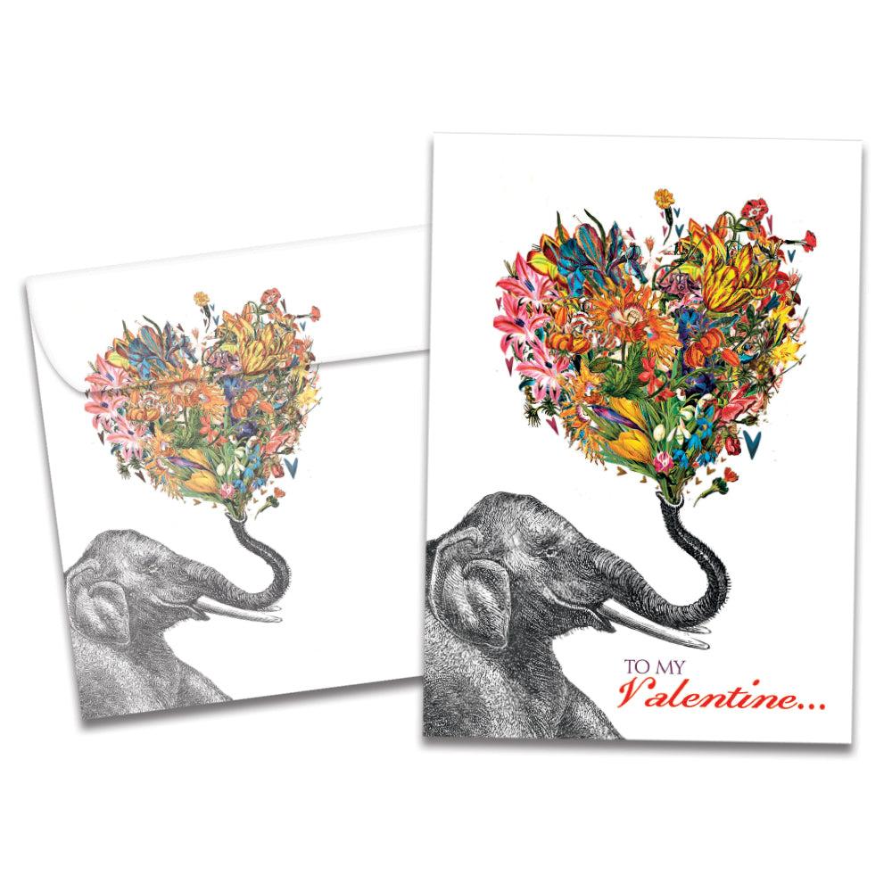 The cover of Tree-Free's Love Elephant Valentine card, along with its matching envelope.