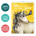 Load image into Gallery viewer, The cover of Tree-Free’s Believe In You Unicorn card with lines demonstrating its 5x7 dimensions, along with the following text: “100% PCW recycled paper, proudly made in the USA, sustainably printed on extra-thick card stock”
