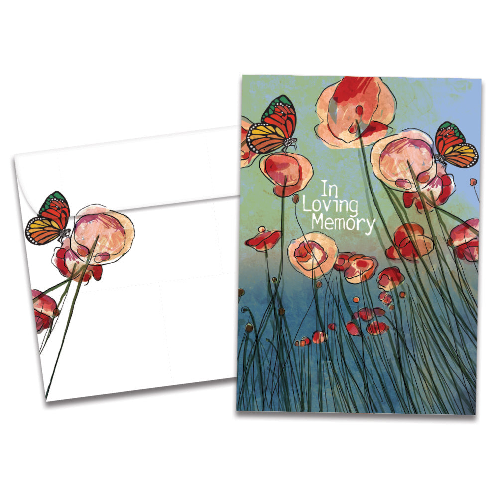 The cover of Tree-Free's Poppies Remembrance card, along with its matching envelope.