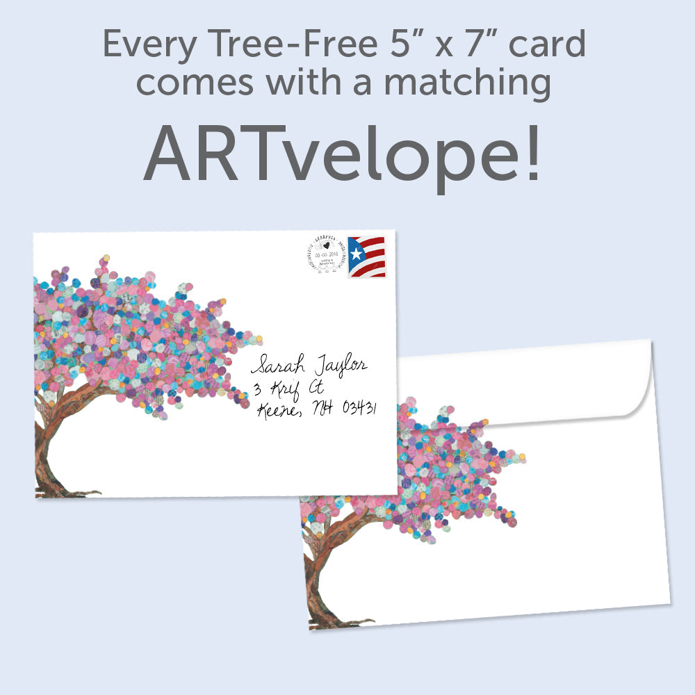 The envelope for Tree-Free’s Balloon Tree card, along with the following text: “Every Tree-Free 5x7 card comes with a matching ARTvelope!”