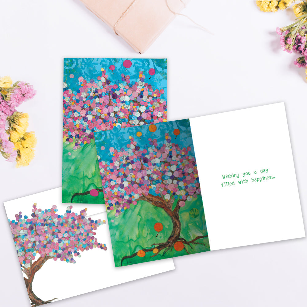 The inside of Tree-Free’s Balloon Tree card, with the cover and envelope in the background.