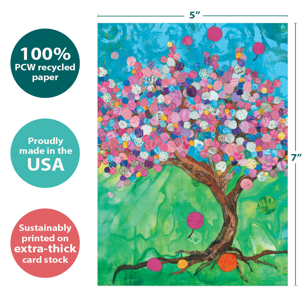 The cover of Tree-Free’s Balloon Tree card with lines demonstrating its 5x7 dimensions, along with the following text: “100% PCW recycled paper, proudly made in the USA, sustainably printed on extra-thick card stock”