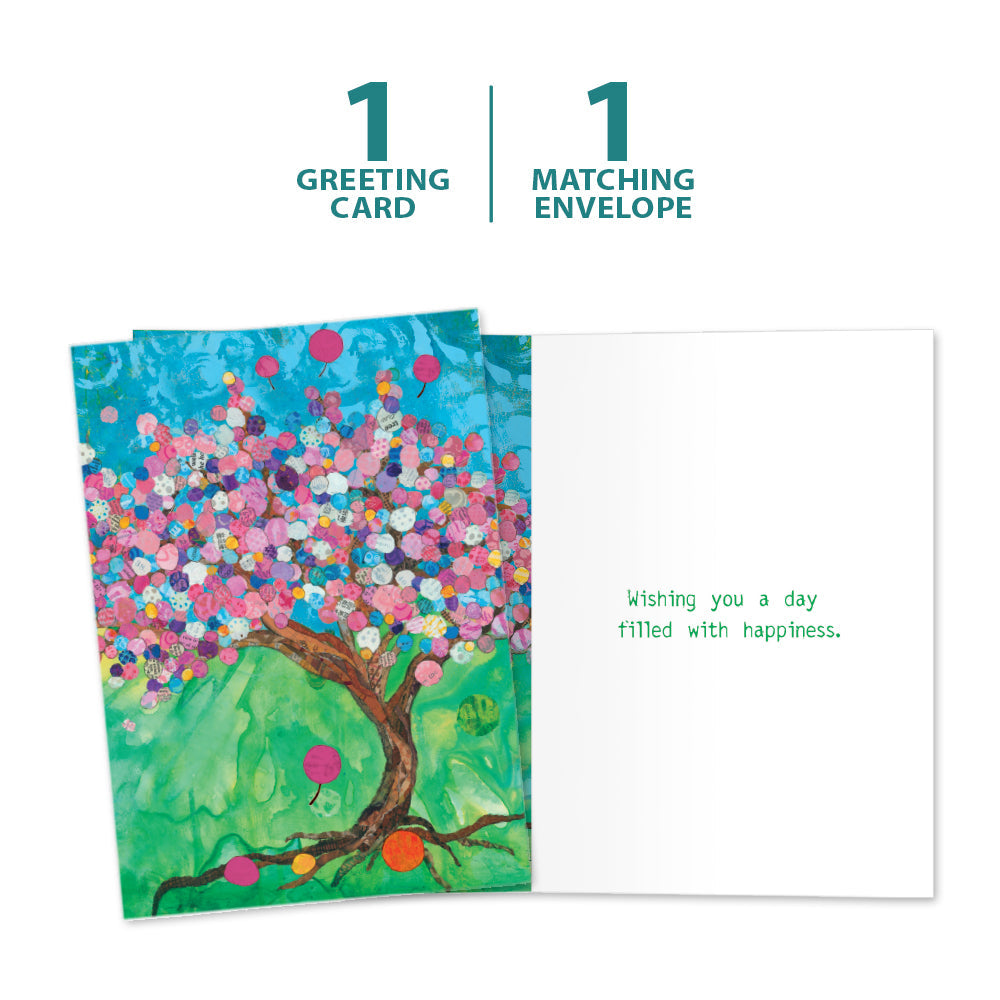 The cover and inside of Tree-Free’s Balloon Tree card, along with the following text: “1 greeting card, 1 matching envelope”