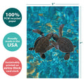 Load image into Gallery viewer, The cover of Tree-Free’s Sea Turtle Pals Friendship Card card with lines demonstrating its 5x7 dimensions, along with the following text: “100% PCW recycled paper, proudly made in the USA, sustainably printed on extra-thick card stock”
