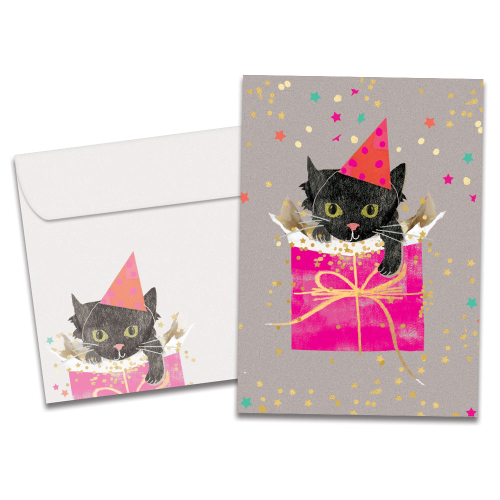 The cover of Tree-Free's Party Kitty card, along with its matching envelope.