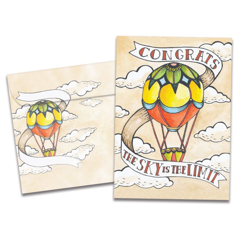 The cover of Tree-Free's Congrats Balloon card, along with its matching envelope.