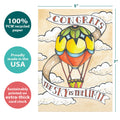 Load image into Gallery viewer, The cover of Tree-Free’s Congrats Balloon card with lines demonstrating its 5x7 dimensions, along with the following text: “100% PCW recycled paper, proudly made in the USA, sustainably printed on extra-thick card stock”
