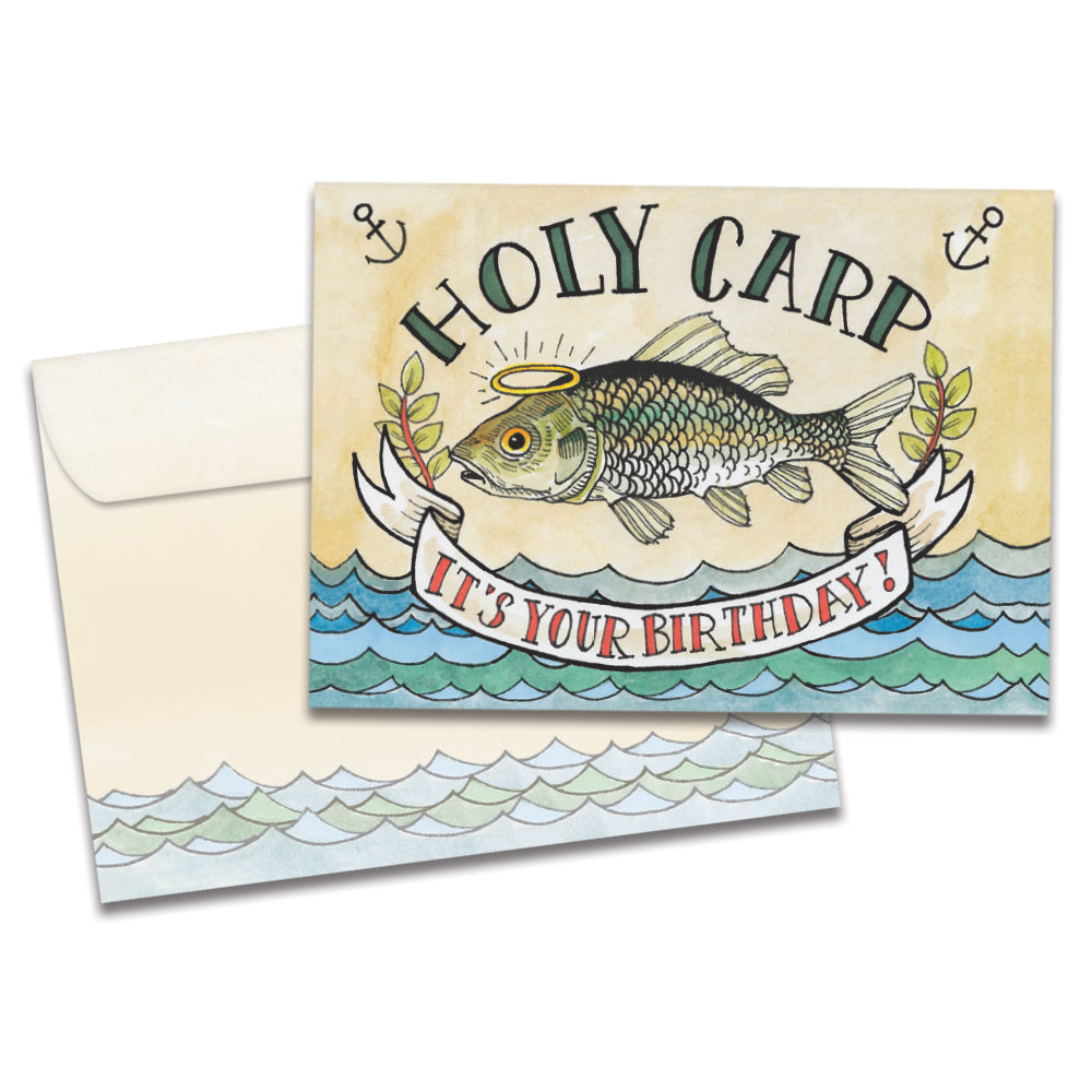 The cover of Tree-Free's Holy Carp card, along with its matching envelope.