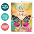 Load image into Gallery viewer, The cover of Tree-Free’s Who You Are All Occasion Card card with lines demonstrating its 5x7 dimensions, along with the following text: “100% PCW recycled paper, proudly made in the USA, sustainably printed on extra-thick card stock”
