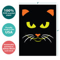 Load image into Gallery viewer, The cover of Tree-Free’s Graphic Halloween Cat Halloween Card card with lines demonstrating its 5x7 dimensions, along with the following text: “100% PCW recycled paper, proudly made in the USA, sustainably printed on extra-thick card stock”
