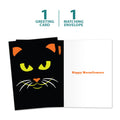 Load image into Gallery viewer, The cover and inside of Tree-Free’s Graphic Halloween Cat Halloween Card card, along with the following text: “1 greeting card, 1 matching envelope”
