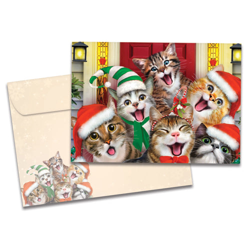 The cover of Tree-Free's Xmas Cat Selfies Christmas Card card, along with its matching envelope.