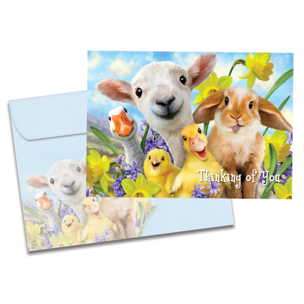 The cover of Tree-Free's Easter Selfie card, along with its matching envelope.