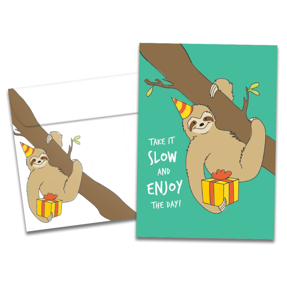 The cover of Tree-Free's Slow Sloth Birthday card, along with its matching envelope.