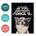 Load image into Gallery viewer, The cover of Tree-Free’s Birthday Force card with lines demonstrating its 5x7 dimensions, along with the following text: “100% PCW recycled paper, proudly made in the USA, sustainably printed on extra-thick card stock”
