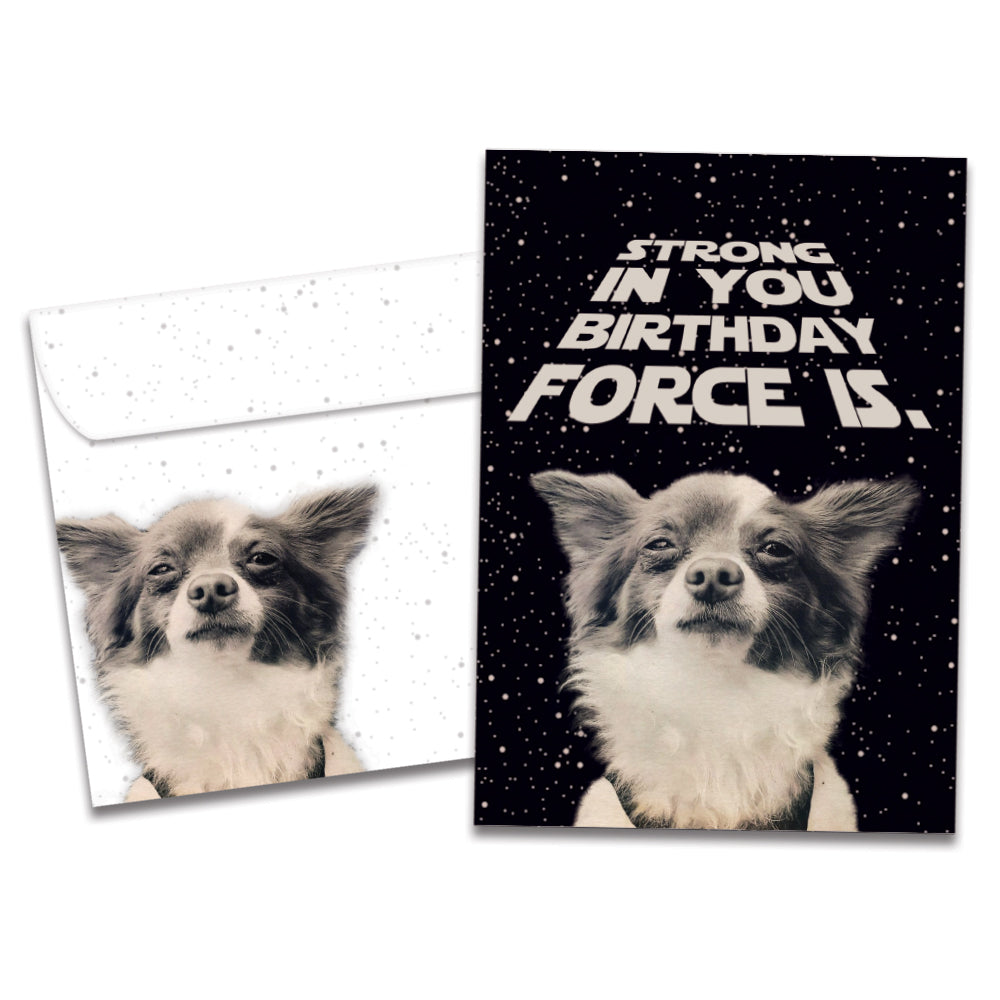 The cover of Tree-Free's Birthday Force card, along with its matching envelope.