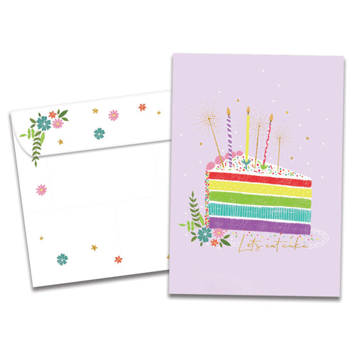 The cover of Tree-Free's Let's Eat Cake card, along with its matching envelope.