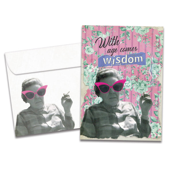 The cover of Tree-Free's With Age Comes Wisdom card, along with its matching envelope.