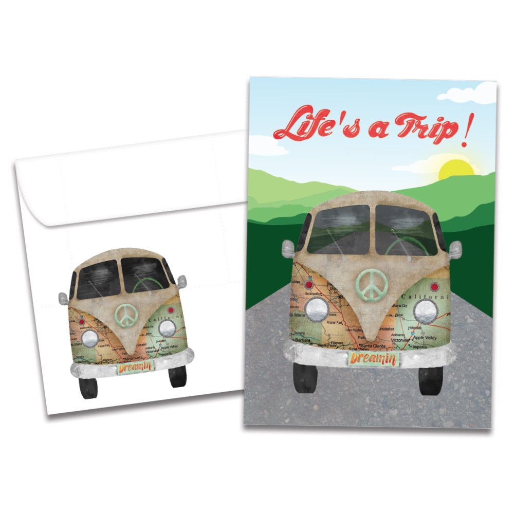 The cover of Tree-Free's Life Trip Hippie Bus card, along with its matching envelope.