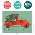 Load image into Gallery viewer, The cover of Tree-Free’s Christmas Tradition Christmas Card card with lines demonstrating its 5x7 dimensions, along with the following text: “100% PCW recycled paper, proudly made in the USA, sustainably printed on extra-thick card stock”
