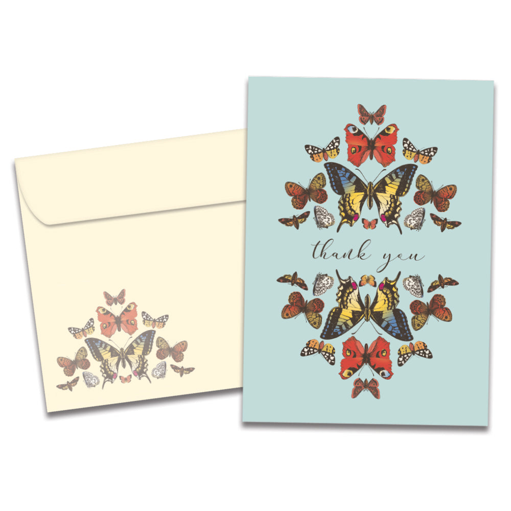 The cover of Tree-Free's Botanical Butterflies Thank You Card card, along with its matching envelope.