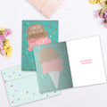 Load image into Gallery viewer, The inside of Tree-Free’s Freezer Ice Cream card, with the cover and envelope in the background.
