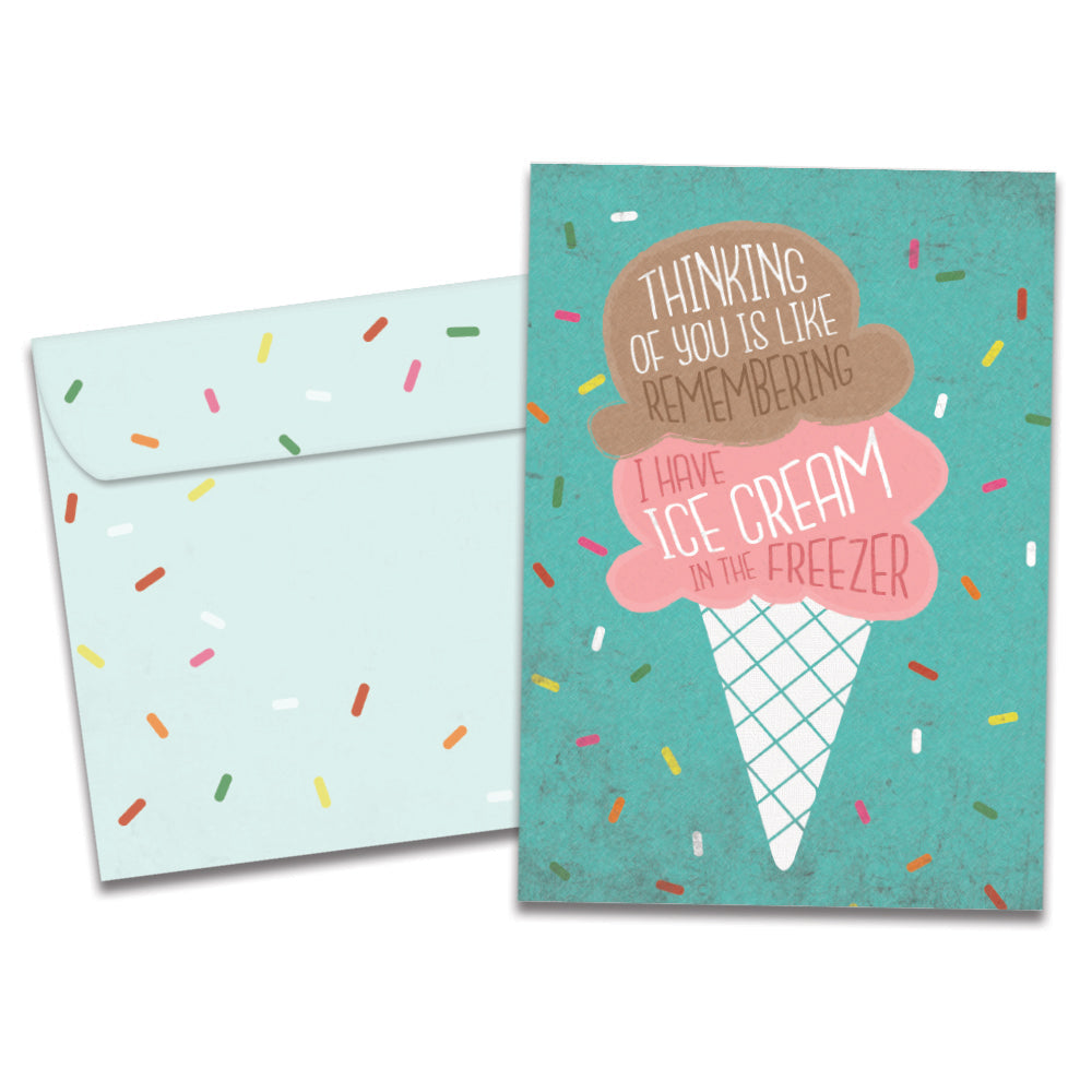 The cover of Tree-Free's Freezer Ice Cream card, along with its matching envelope.