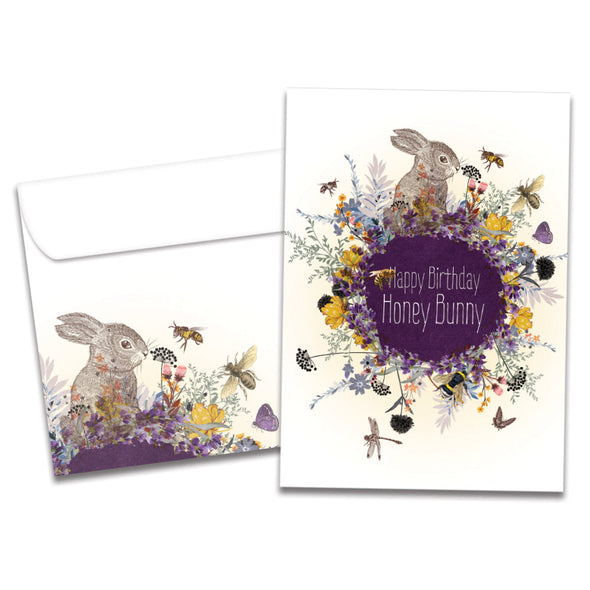 The cover of Tree-Free's Honey Bunny Birthday card, along with its matching envelope.