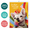 Load image into Gallery viewer, The cover of Tree-Free’s Unicorn and Rainbows Dog card with lines demonstrating its 5x7 dimensions, along with the following text: “100% PCW recycled paper, proudly made in the USA, sustainably printed on extra-thick card stock”
