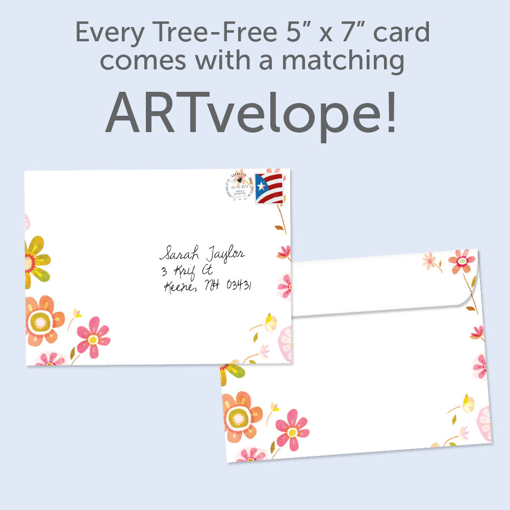 The envelope for Tree-Free’s The World Enjoys You card, along with the following text: “Every Tree-Free 5x7 card comes with a matching ARTvelope!”