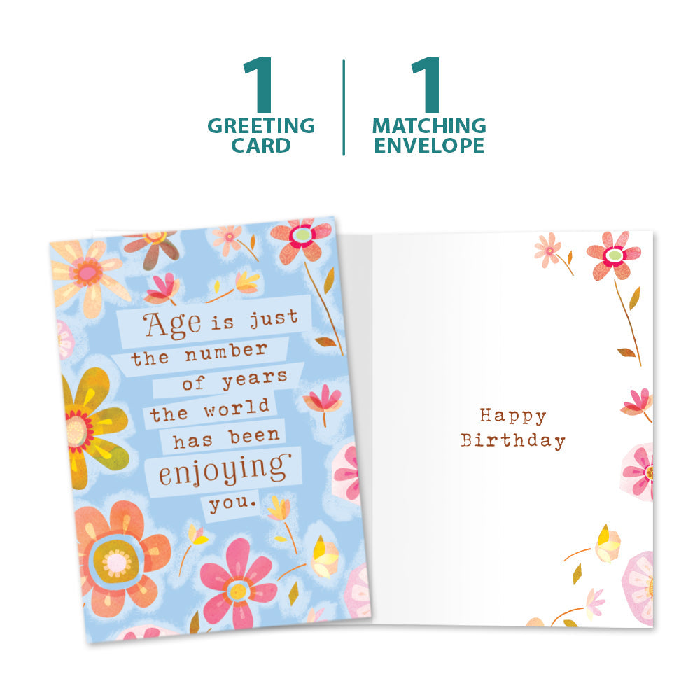 The cover and inside of Tree-Free’s The World Enjoys You card, along with the following text: “1 greeting card, 1 matching envelope”