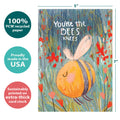 Load image into Gallery viewer, The cover of Tree-Free’s Bee&#39;s Knees card with lines demonstrating its 5x7 dimensions, along with the following text: “100% PCW recycled paper, proudly made in the USA, sustainably printed on extra-thick card stock”
