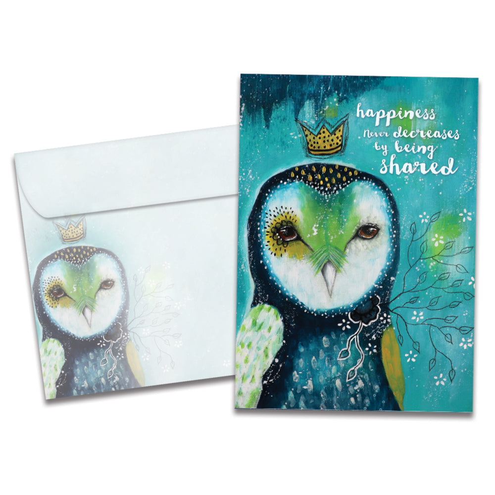 The cover of Tree-Free's Happiness Owl Crown card, along with its matching envelope.