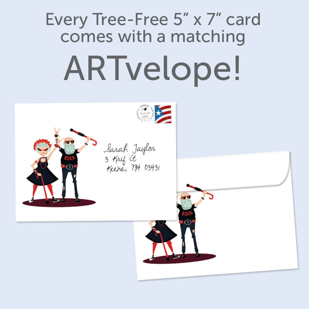 The envelope for Tree-Free’s Growing Old card, along with the following text: “Every Tree-Free 5x7 card comes with a matching ARTvelope!”