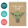 Load image into Gallery viewer, The cover of Tree-Free’s Yoda Best Dad card with lines demonstrating its 5x7 dimensions, along with the following text: “100% PCW recycled paper, proudly made in the USA, sustainably printed on extra-thick card stock”
