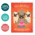 Load image into Gallery viewer, The cover of Tree-Free’s Pugs And Kisses card with lines demonstrating its 5x7 dimensions, along with the following text: “100% PCW recycled paper, proudly made in the USA, sustainably printed on extra-thick card stock”
