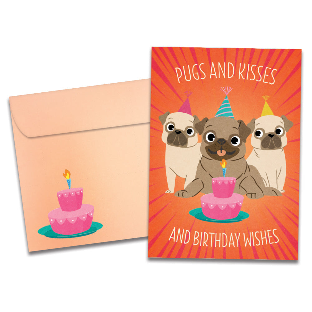 The cover of Tree-Free's Pugs and Kisses card, along with its matching envelope.