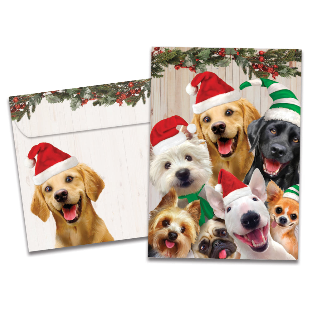 The cover of Tree-Free's Selfie Dog Christmas Christmas Card card, along with its matching envelope.