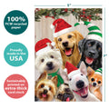 Load image into Gallery viewer, The cover of Tree-Free’s Selfie Dog Christmas Christmas Card card with lines demonstrating its 5x7 dimensions, along with the following text: “100% PCW recycled paper, proudly made in the USA, sustainably printed on extra-thick card stock”
