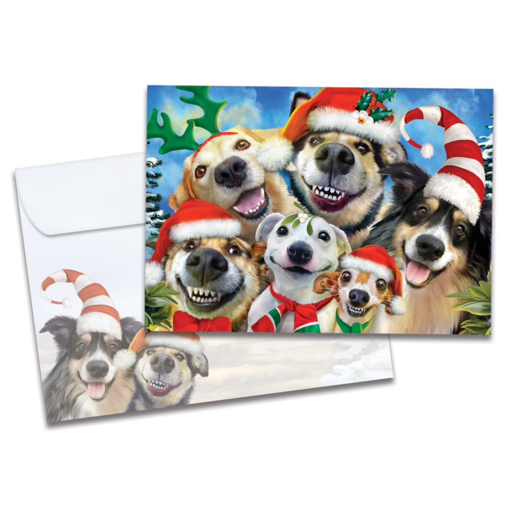 The cover of Tree-Free's Holiday Dog Selfie Christmas Card card, along with its matching envelope.